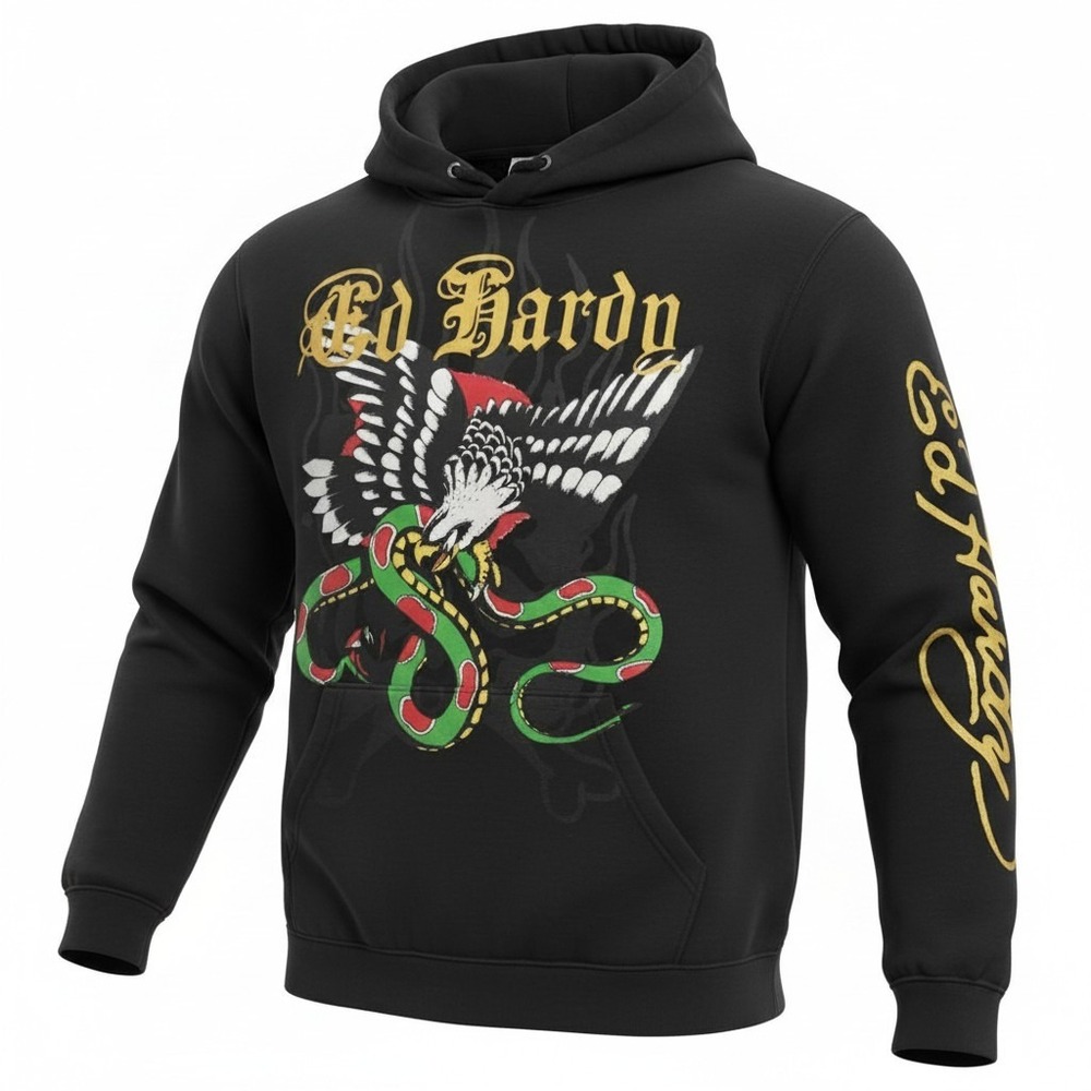 Ed Hardy Hoodie Men L Large Black Eagle Snake Graphic Tattoo Pullover Sweatshirt